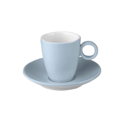 Frontal image of light blue-white Bart Espresso porcelain set 6.5 cl. with smooth finish. Frontal image of light blue-white Bart Espresso porcelain set 6.5 cl. with smooth finish.