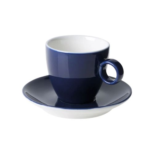 Vooraanzicht van Bart Koffie 17 cl set in blauw-wit porselein met eenvoudige cilindervorm. Vooraanzicht van Bart Koffie 17 cl set in blauw-wit porselein met eenvoudige cilindervorm.