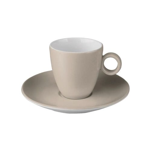 Vooraanzicht van Bart Koffie 17 cl set in grijs-wit porselein met eenvoudige cilindervorm. Vooraanzicht van Bart Koffie 17 cl set in grijs-wit porselein met eenvoudige cilindervorm.