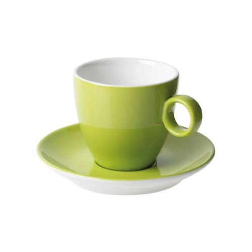 Vooraanzicht van Bart Koffie 17 cl set in groen-wit porselein met eenvoudige cilindervorm. Vooraanzicht van Bart Koffie 17 cl set in groen-wit porselein met eenvoudige cilindervorm.