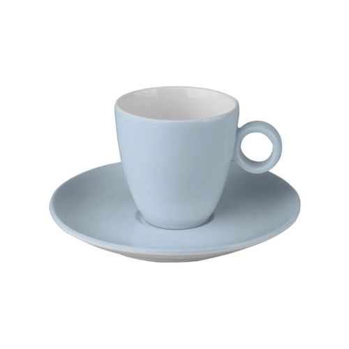 Vooraanzicht van Bart Koffie 17 cl set in lichtblauw-wit porselein met eenvoudige cilindervorm. Vooraanzicht van Bart Koffie 17 cl set in lichtblauw-wit porselein met eenvoudige cilindervorm.