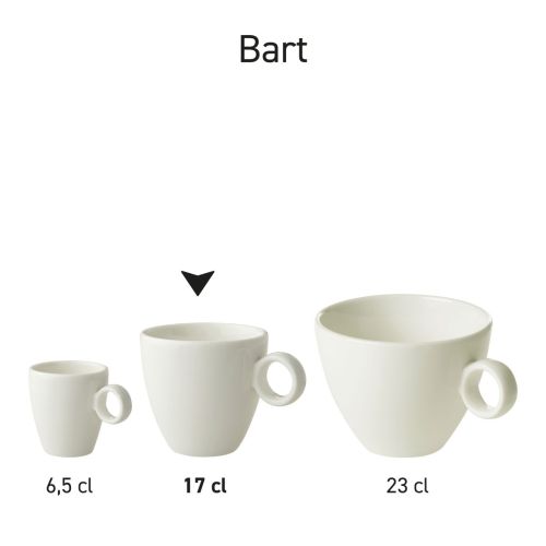 Multiple Bart Coffee cups white porcelain presented as uniform product line.