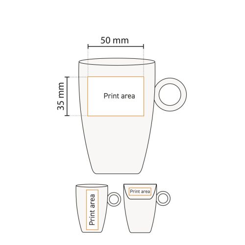Technical working drawing of Bart mug 23 cl. porcelain with print area indication. Technical working drawing of Bart mug 23 cl. porcelain with print area indication.
