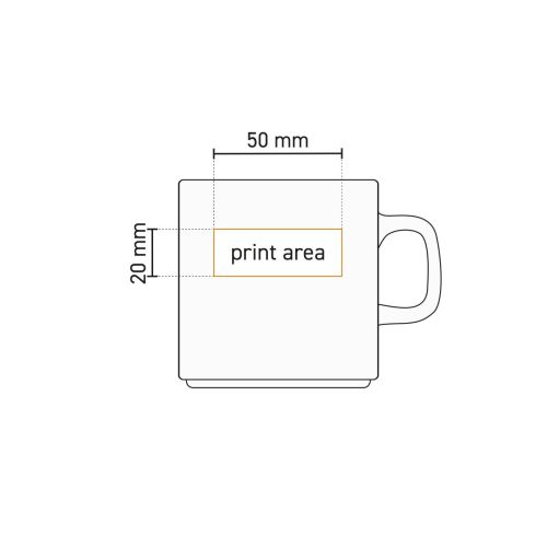 Working drawing of the Budgetline Brabant mug 20 cl. in white porcelain with print area indication on front. Working drawing of the Budgetline Brabant mug 20 cl. in white porcelain with print area indication on front.