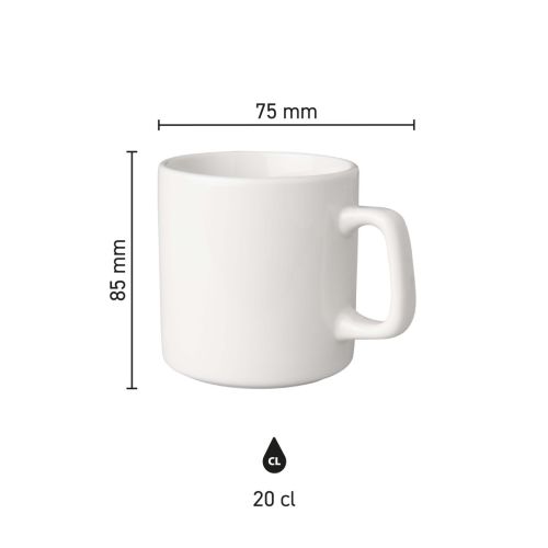 Dimensions of Cup Budgetline Brabant 20 cl. White shown in infographic, including diameter and height. Dimensions of Cup Budgetline Brabant 20 cl. White shown in infographic, including diameter and height.