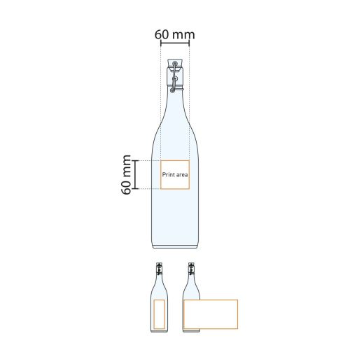 Technical working drawing shows printing area on round glass swing-top bottle Giara 1 litre. Technical working drawing shows printing area on round glass swing-top bottle Giara 1 litre.