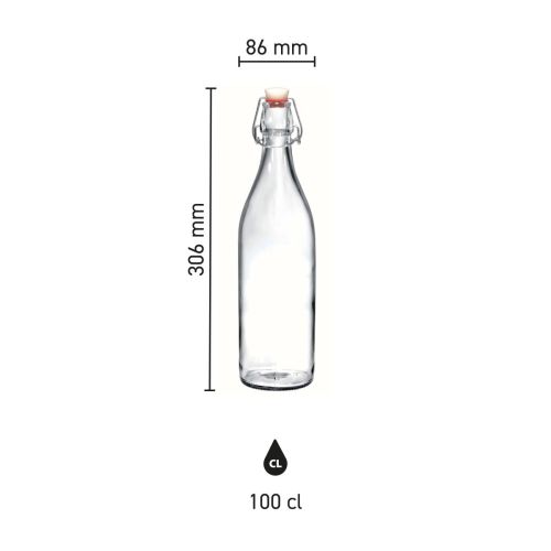 Infographic showing dimensions of round glass longline bottle Giara 1 litre with clasp closure. Infographic showing dimensions of round glass longline bottle Giara 1 litre with clasp closure.