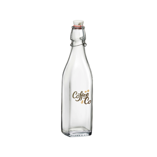 Square 0.5-litre glass swing-top bottle with full-colour CoffeeCo logo printed on the front view. Square 0.5-litre glass swing-top bottle with full-colour CoffeeCo logo printed on the front view.