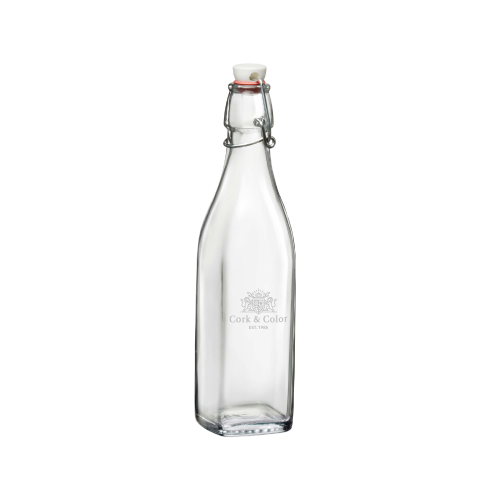 Beverage bottle Swing 0.5 litre with finely engraved CorkColor logo visible on the front of the glass. Beverage bottle Swing 0.5 litre with finely engraved CorkColor logo visible on the front of the glass.