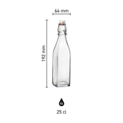 Infographic showing height and width dimensions of square Swing longline 0.25-litre glass bottle. Infographic showing height and width dimensions of square Swing longline 0.25-litre glass bottle.
