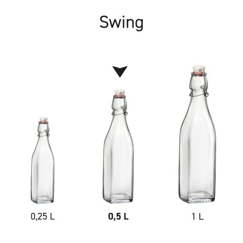 Range of 0.5-litre glass Swing bottles in series arrangement, with identical shape and bracket closure. Range of 0.5-litre glass Swing bottles in series arrangement, with identical shape and bracket closure.