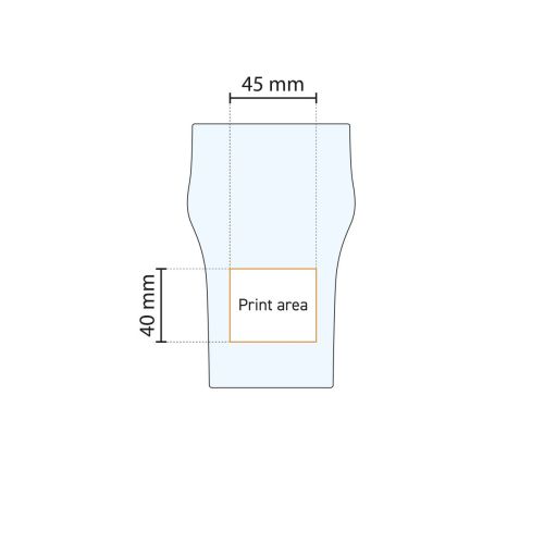 Aanduiding van het beschikbare drukoppervlak op het 28 cl. Nonic glas in een technische werktekening. Aanduiding van het beschikbare drukoppervlak op het 28 cl. Nonic glas in een technische werktekening.