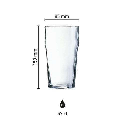 Infographic showing the height and diameter of the 57 cl Arcoroc Nonic glass in product overview. Infographic showing the height and diameter of the 57 cl Arcoroc Nonic glass in product overview.