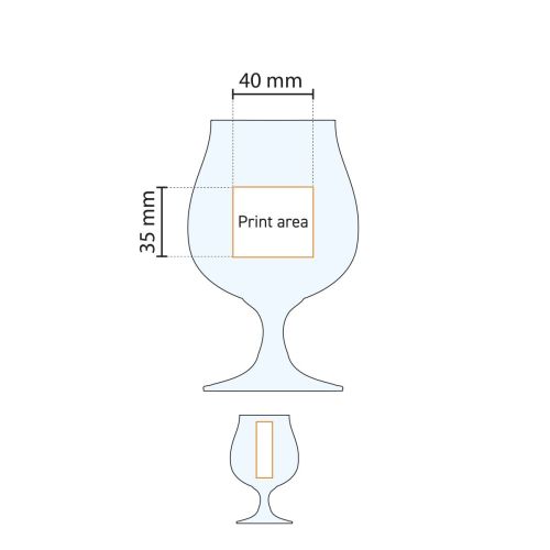 Werktekening van Bierglas Breughel 38 cl., toont bedrukkingszone op het glasoppervlak. Werktekening van Bierglas Breughel 38 cl., toont bedrukkingszone op het glasoppervlak.