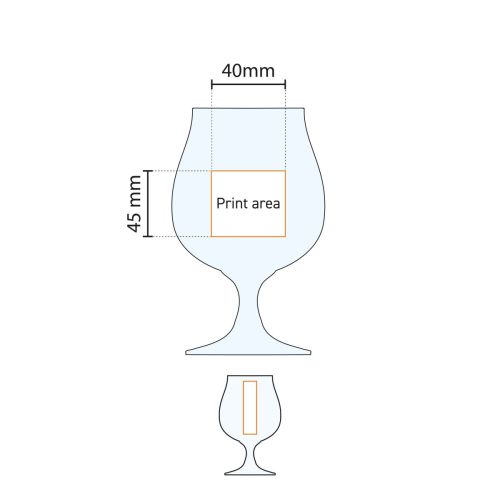 Technische werktekening van Breughel 48 cl. glas, met aanduiding van bedrukbare zones. Technische werktekening van Breughel 48 cl. glas, met aanduiding van bedrukbare zones.