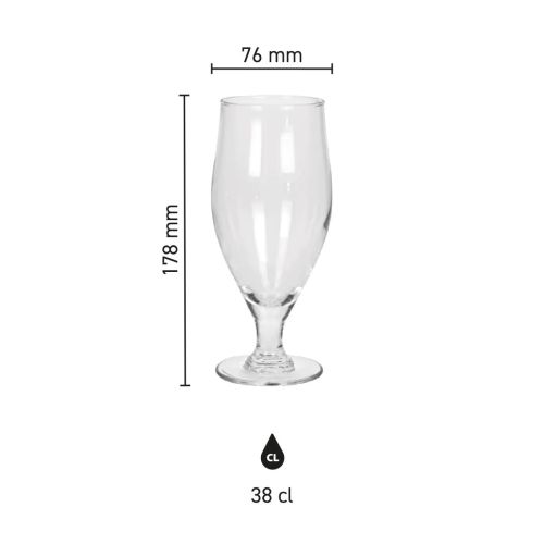 Infographic showing product dimensions of the Cervoise beer glass 38 cl, including diameter and height. Infographic showing product dimensions of the Cervoise beer glass 38 cl, including diameter and height.