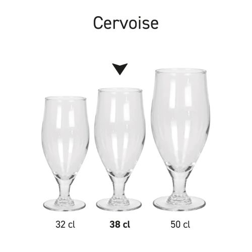 Display of series of Cervoise beer glasses as part of a complete glass series. Display of series of Cervoise beer glasses as part of a complete glass series.