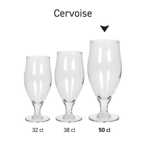 Series overview of various Cervoise beer glasses 50 cl. presented as a set.