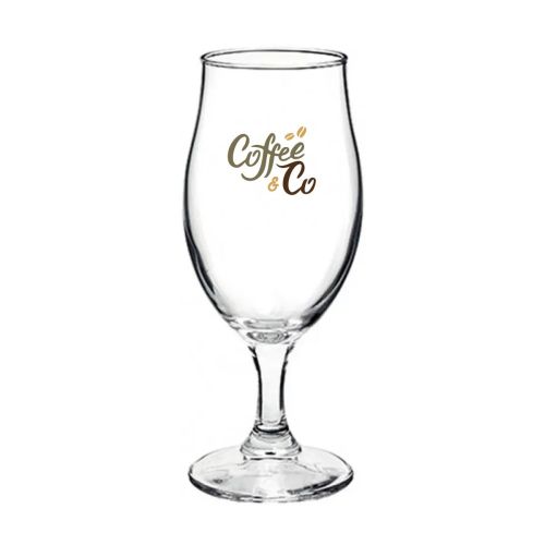 CoffeeCo-logo in meerdere kleuren gedrukt op een Executive bierglas van 38 cl., zichtbaar op de voorzijde. CoffeeCo-logo in meerdere kleuren gedrukt op een Executive bierglas van 38 cl., zichtbaar op de voorzijde.