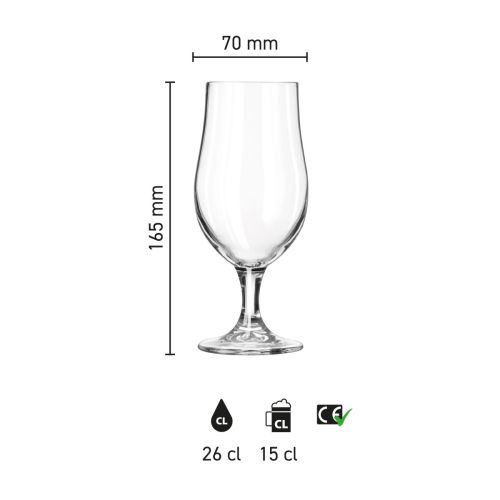 Infographic met productafmetingen van het bierglas Munich 26 cl, met details over hoogte, diameter en inhoud.
