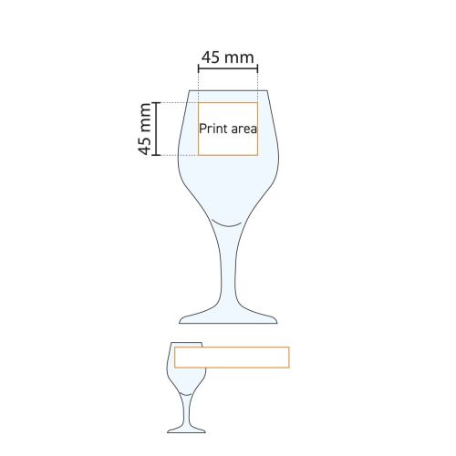 Technical working drawing shows printing area for personalisation on tasting glass Ronceva 25 cl.