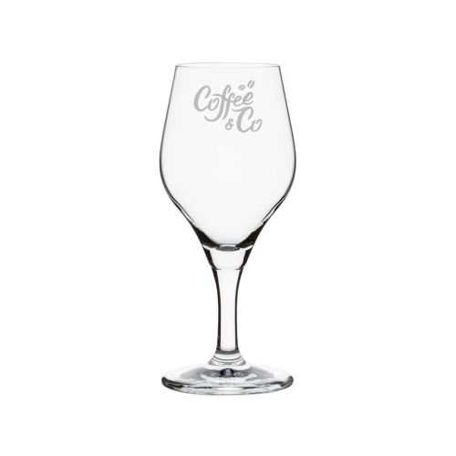 Engraving of the CoffeeCo logo on the front of the Ronceva tasting glass 25 cl.