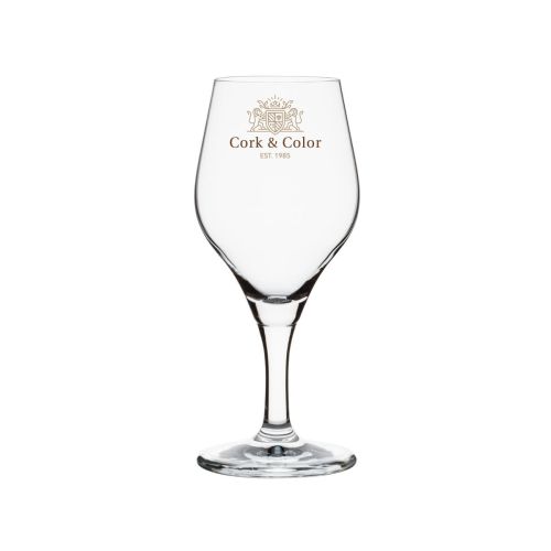 Tasting glass Ronceva 25 cl with multicoloured printed CorkColor logo on front of glass.