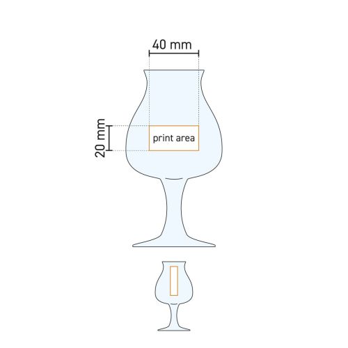 Technical working drawing of the printing area on the Specials Tasting 25 cl beer glass.