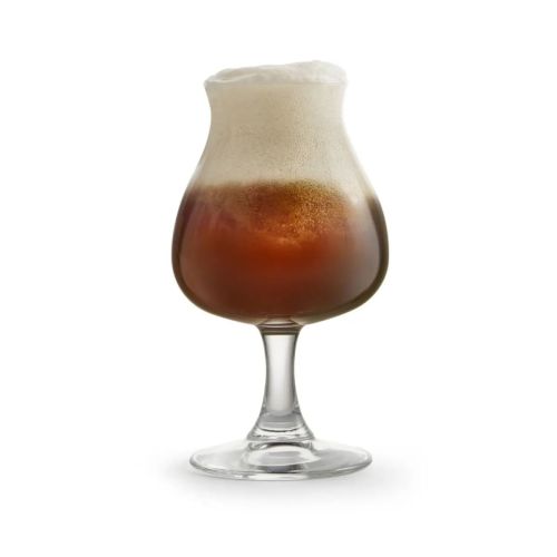 Filled Beer glass Specials Tasting 25 cl. on white background, with golden beer and foam.