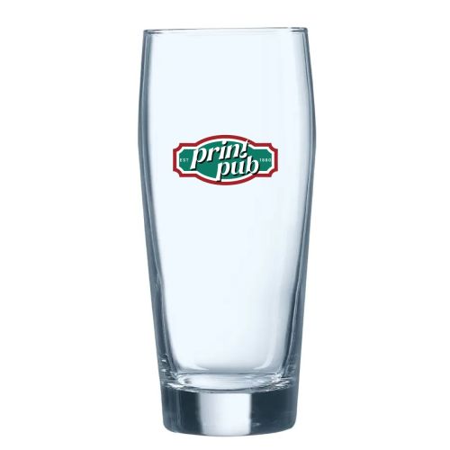 Front view of Willy 40 cl beer glass with multi-coloured PrintPub logo printed in multiple colours. Front view of Willy 40 cl beer glass with multi-coloured PrintPub logo printed in multiple colours.