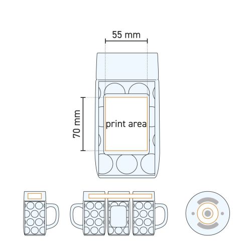 Technical working drawing of the printing area on the Don beer mug 100 cl for logo printing. Technical working drawing of the printing area on the Don beer mug 100 cl for logo printing.