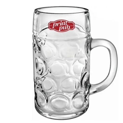 Don beer mug 100 cl printed with red PrintPub logo in one colour on the front of the glass. Don beer mug 100 cl printed with red PrintPub logo in one colour on the front of the glass.