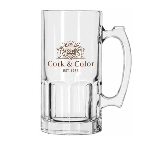 Eénkleurig CorkColor-logo gedrukt op de voorzijde van de Libbey bierpul 1 liter glas.