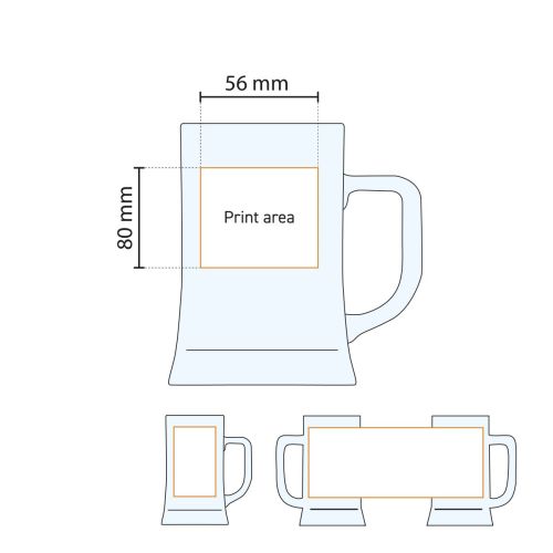 Technical working drawing of beer mug Maxim 68 cl, indicating printing area for printing. Technical working drawing of beer mug Maxim 68 cl, indicating printing area for printing.