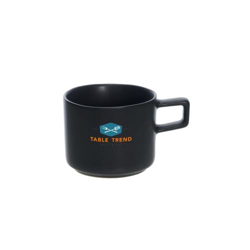 Blackwell Espresso Cup 9 cl in black porcelain with multi-coloured TableTrend logo printed on the front.
