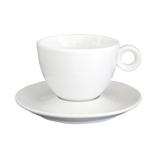 Vooraanzicht van Bola cappuccino wit 20 cl. set van porselein, met afgeronde vorm.