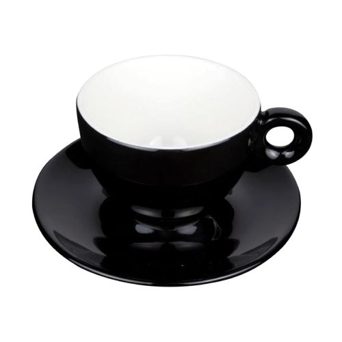 Front view of Bola cappuccino black and white 20 cl. set of porcelain, with rounded shape. Front view of Bola cappuccino black and white 20 cl. set of porcelain, with rounded shape.