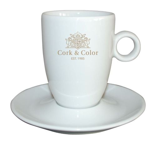 Witte porseleinen Bola cappuccino set 25 cl. met 1-kleurig CorkColor-logo op de voorzijde. Witte porseleinen Bola cappuccino set 25 cl. met 1-kleurig CorkColor-logo op de voorzijde.