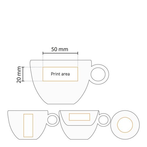 Technical working drawing of porcelain Bola Cappuccino cup 20 cl with marked printing area for logo. Technical working drawing of porcelain Bola Cappuccino cup 20 cl with marked printing area for logo.