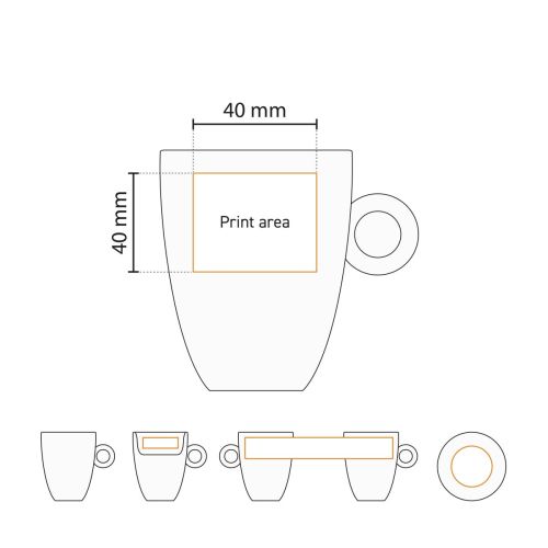 Drukgebied van Bola Cappuccino kop hoog wit 25 cl. porselein zichtbaar in werktekening. Drukgebied van Bola Cappuccino kop hoog wit 25 cl. porselein zichtbaar in werktekening.