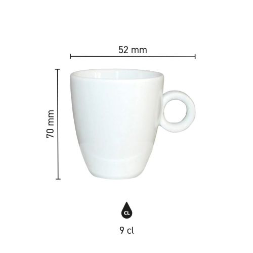 Detailed overview with dimensions of Bola Espresso cup high white 9 cl. in infographic.