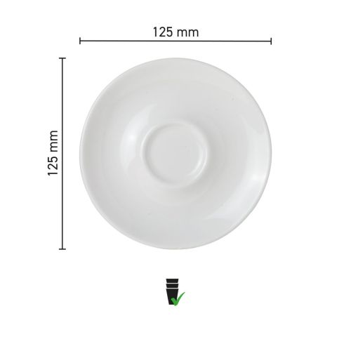 Infographic showing product dimensions of Bola espresso saucer 12.5 cm, with diameter and height. Infographic showing product dimensions of Bola espresso saucer 12.5 cm, with diameter and height.