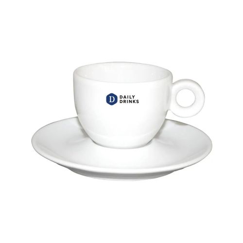 Voorzijde van Bola koffiekopje 15 cl. bedrukt met meerkleurig DailyDrinks-logo.