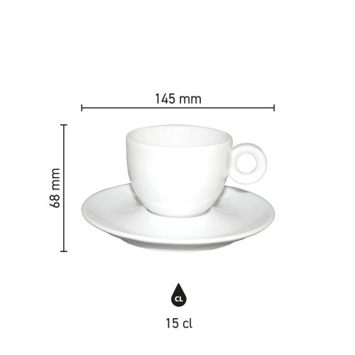 Infographic met maatvoering van Bola koffie wit15 cl. set inclusief hoogte en diameter.