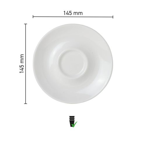 Infographic showing dimensions of the Bola cappuccino dish 14.5 cm, diameter central.