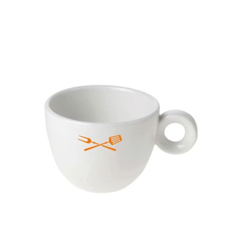 Front of porcelain Bola coffee cup 15 cl. with orange logo of TableTrend in one colour.