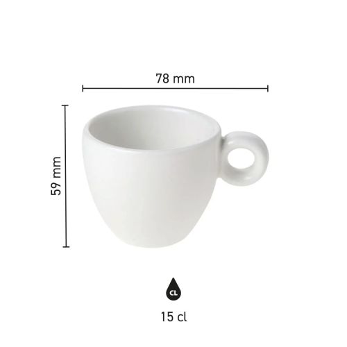 Image shows dimensions of Bola coffee cup 15 cl porcelain in clear infographic.