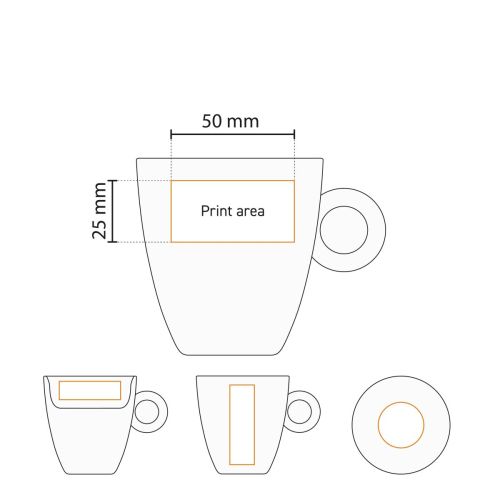 Drukgebied weergegeven op werktekening van Bola Koffie kop hoog wit 19 cl. porselein voor personalisatie. Drukgebied weergegeven op werktekening van Bola Koffie kop hoog wit 19 cl. porselein voor personalisatie.