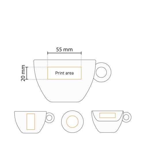 Technical working drawing with printing area of the Bola coffee latte cup 28 cl, white porcelain. Technical working drawing with printing area of the Bola coffee latte cup 28 cl, white porcelain.