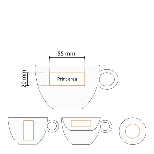 Technical working drawing with printing area for printing on Bola coffee latte white 28 cl. in porcelain set